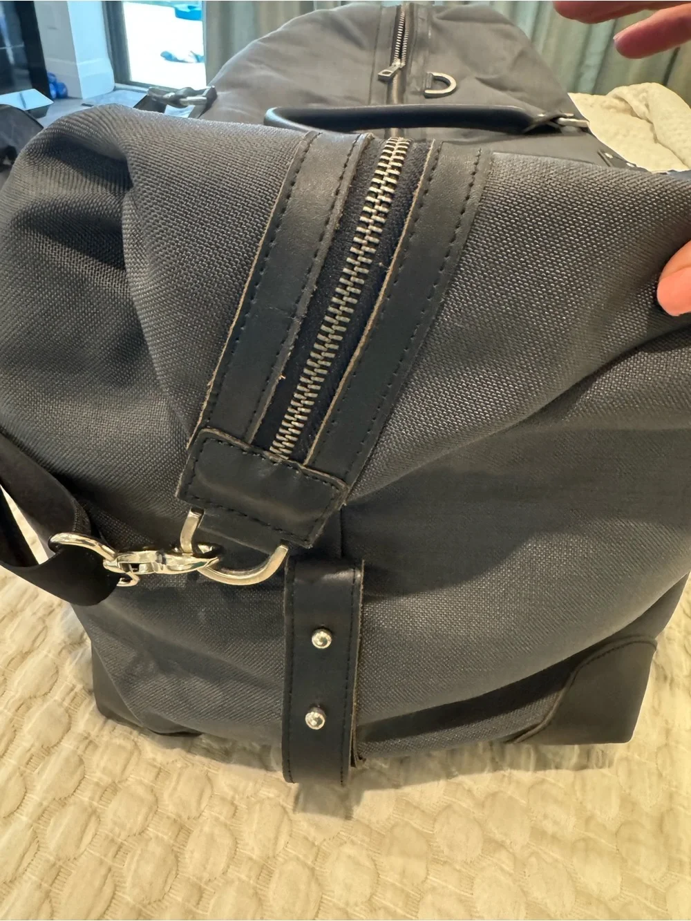 Grey Canvas Duffel with Leather Trim